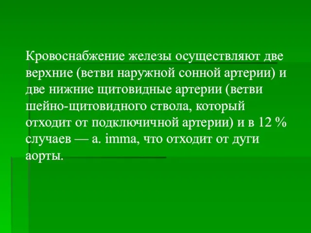 Кровоснабжение железы осуществляют две верхние (ветви наружной сонной артерии) и две