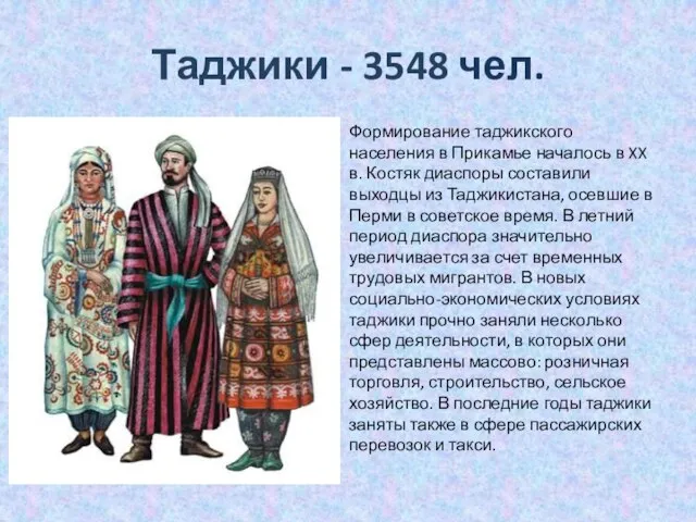 Таджики - 3548 чел. Формирование таджикского населения в Прикамье началось в