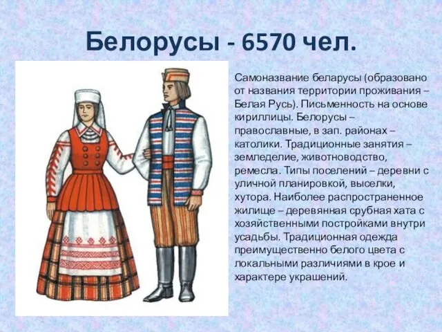 Белорусы - 6570 чел. Самоназвание беларусы (образовано от названия территории проживания