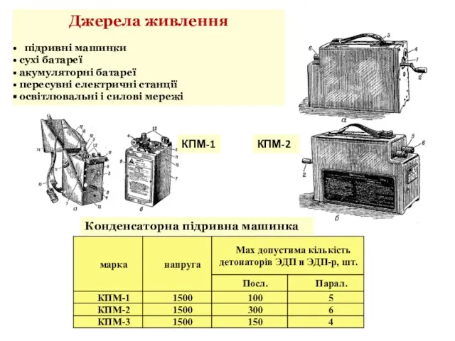 Джерела живлення підривні машинки сухі батареї акумуляторні батареї пересувні електричні станції