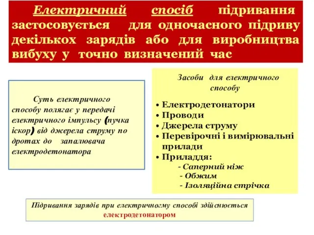 Електричний спосіб підривання застосовується для одночасного підриву декількох зарядів або для