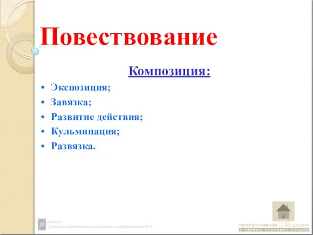 Повествование Композиция: Экспозиция; Завязка; Развитие действия; Кульминация; Развязка.