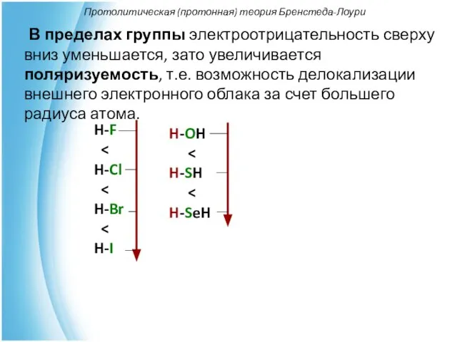 Протолитическая (протонная) теория Бренстеда-Лоури В пределах группы электроотрицательность сверху вниз уменьшается,