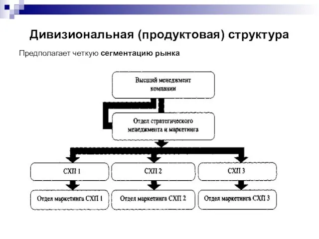 Дивизиональная (продуктовая) структура Предполагает четкую сегментацию рынка