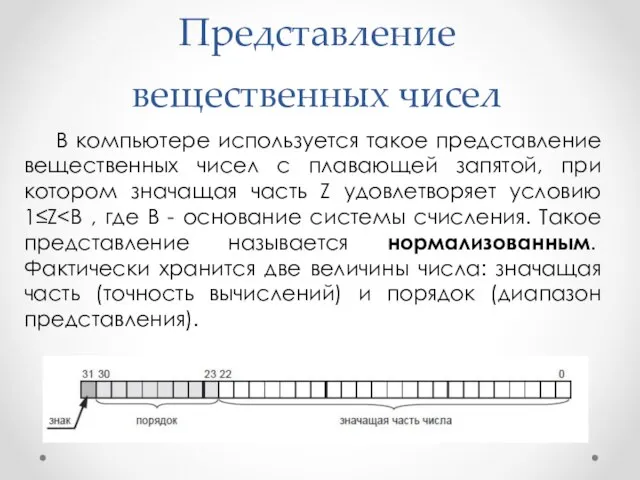 Представление вещественных чисел В компьютере используется такое представление вещественных чисел с