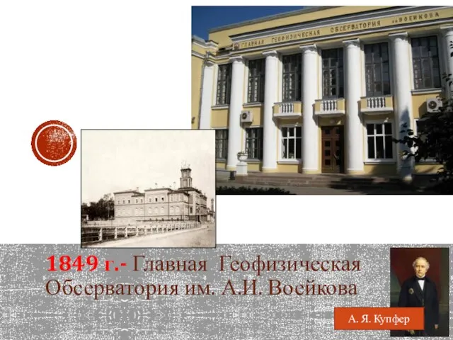 1849 г.- Главная Геофизическая Обсерватория им. А.И. Воейкова А. Я. Купфер
