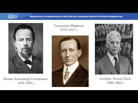 Попов Александр Степанович 1859-1905 г. Гульельмо Маркони 1874-1937 г. Альберт Уоллес Халл 1880-1966 г.