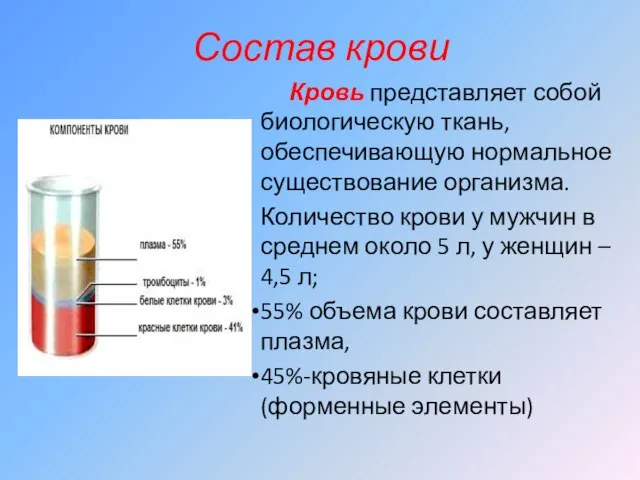 Состав крови Кровь представляет собой биологическую ткань, обеспечивающую нормальное существование организма.