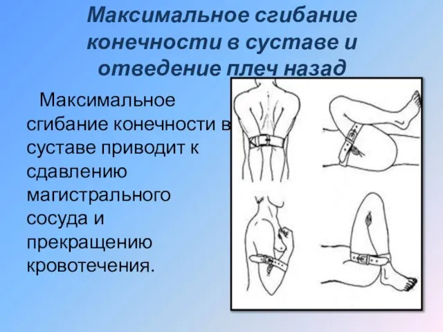 Максимальное сгибание конечности в суставе и отведение плеч назад Максимальное сгибание