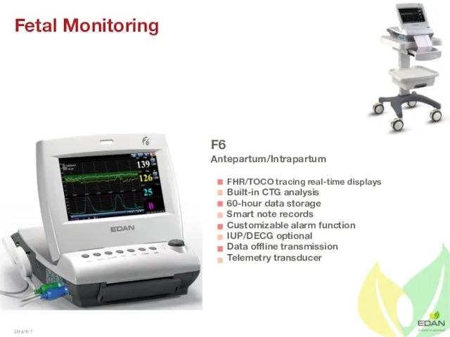 Fetal Monitoring F6 Antepartum/Intrapartum FHR/TOCO tracing real-time displays Built-in CTG analysis