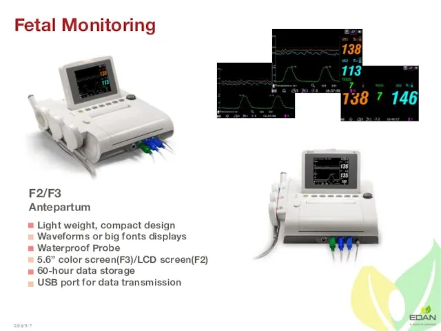 Fetal Monitoring F2/F3 Antepartum Light weight, compact design Waveforms or big