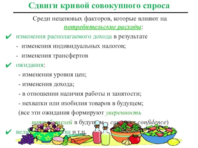 Сдвиги кривой совокупного спроса Среди неценовых факторов, которые влияют на потребительские