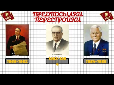 ПРЕДПОСЫЛКИ ПЕРЕСТРОЙКИ Л. И. Брежнев К. У. Черненко 1966-1982 1983-1984 1984-1985