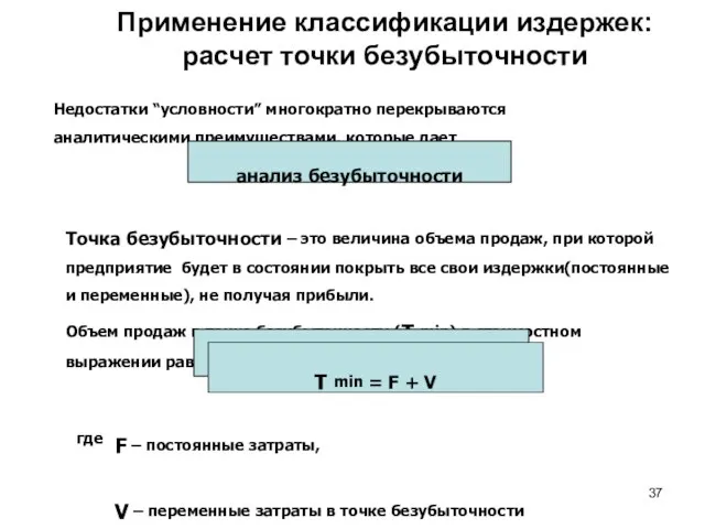 Применение классификации издержек: расчет точки безубыточности Недостатки “условности” многократно перекрываются аналитическими