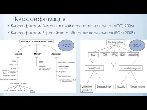 Классификация Классификация Американской ассоциации сердца (ACC) 2006г. Классификация Европейского общества кардиологов (EOK) 2008 г. ACC EOK