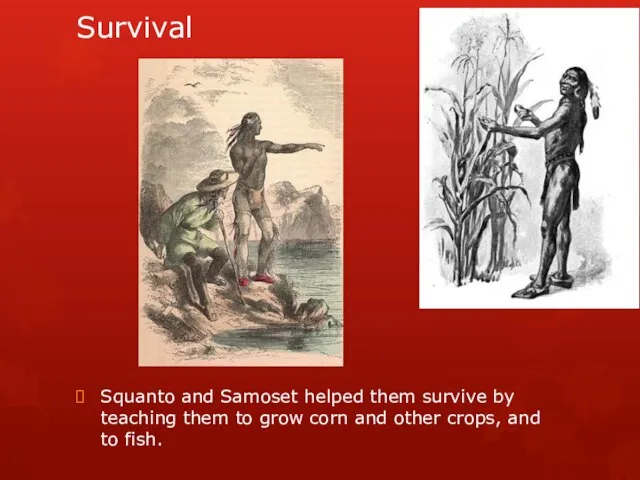 Survival Squanto and Samoset helped them survive by teaching them to