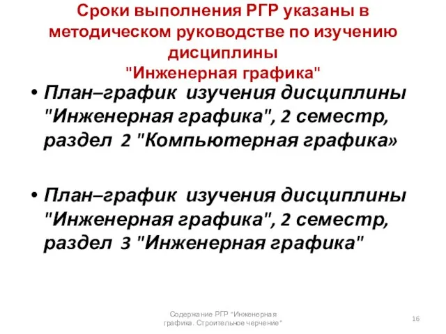 Сроки выполнения РГР указаны в методическом руководстве по изучению дисциплины "Инженерная