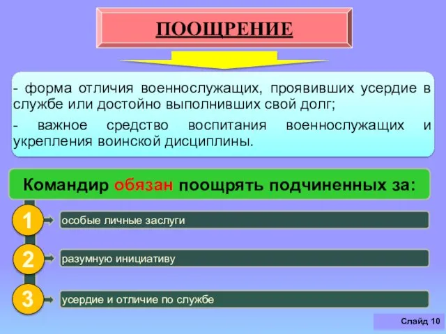 Слайд ПООЩРЕНИЕ - форма отличия военнослужащих, проявивших усердие в службе или