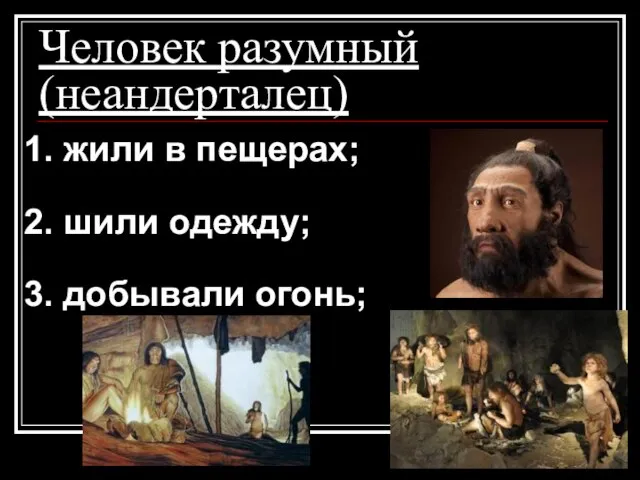 Человек разумный (неандерталец) 1. жили в пещерах; 2. шили одежду; 3. добывали огонь;