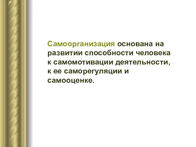 Самоорганизация основана на развитии способности человека к самомотивации деятельности, к ее саморегуляции и самооценке.