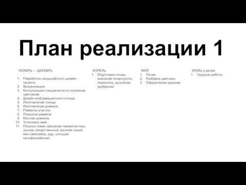 План реализации 1 НОЯБРЬ — ДЕКАБРЬ Разработка ландшафтного дизайн-проекта Визуализация Консультация