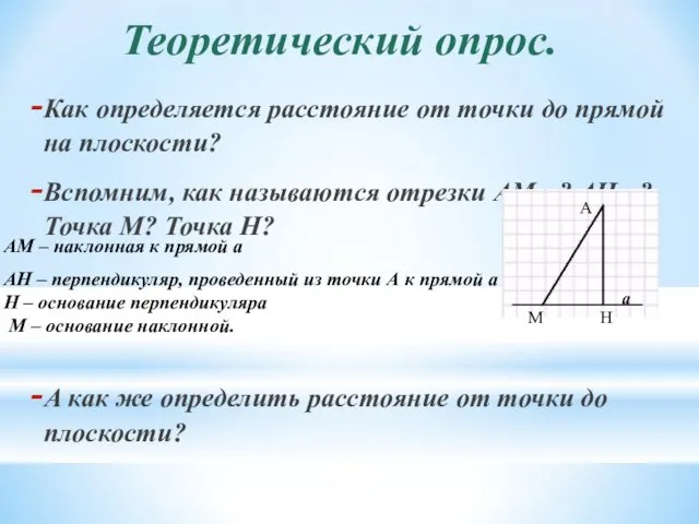 Теоретический опрос. Как определяется расстояние от точки до прямой на плоскости?