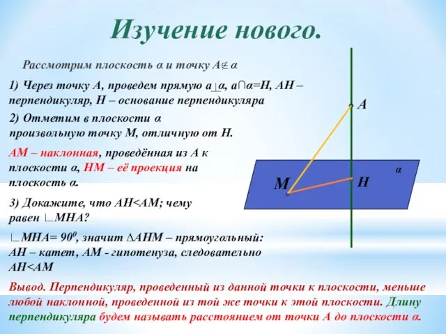 Изучение нового. Рассмотрим плоскость α и точку А α А 1)