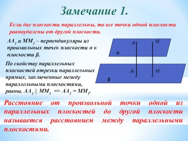 Замечание 1. Если две плоскости параллельны, то все точки одной плоскости