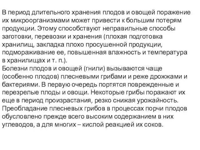 В период длительного хранения плодов и овощей поражение их микроорганизмами может