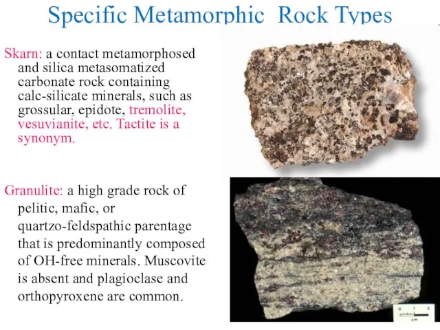 Specific Metamorphic Rock Types Skarn: a contact metamorphosed and silica metasomatized