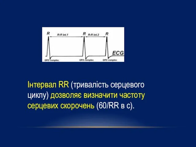 Інтервал RR (тривалість серцевого циклу) дозволяє визначити частоту серцевих скорочень (60/RR в с).