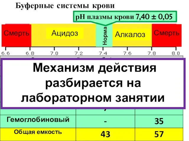 Буферные системы крови рН плазмы крови 7,40 ± 0,05 Норма Механизм действия разбирается на лабораторном занятии