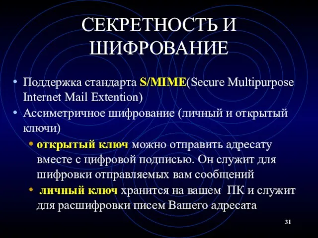 СЕКРЕТНОСТЬ И ШИФРОВАНИЕ Поддержка стандарта S/MIME(Secure Multipurpose Internet Mail Extention) Ассиметричное