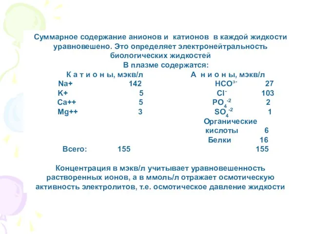 Суммарное содержание анионов и катионов в каждой жидкости уравновешено. Это определяет