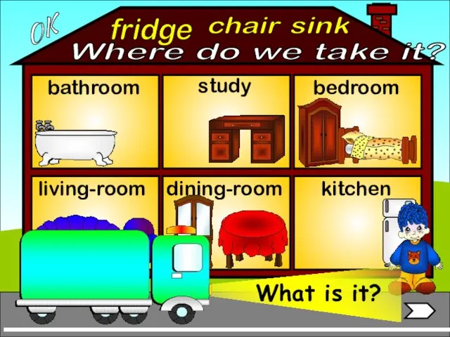 fridge bathroom living-room bedroom study chair sink OK Where do we take it? dining-room kitchen
