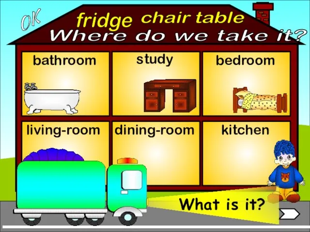 fridge bathroom living-room bedroom study dining-room kitchen chair table OK Where do we take it?