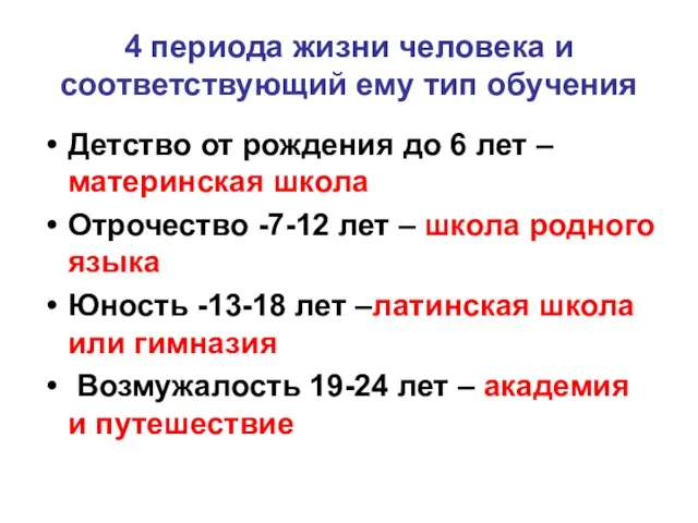 4 периода жизни человека и соответствующий ему тип обучения Детство от