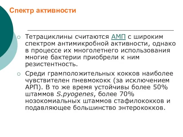 Спектр активности Тетрациклины считаются АМП с широким спектром антимикробной активности, однако