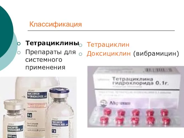 Классификация Тетрациклины Препараты для системного применения Тетрациклин Доксициклин (вибрамицин)