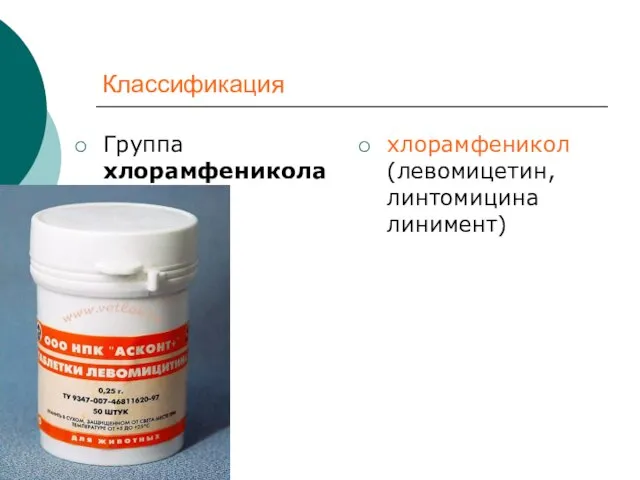 Классификация Группа хлорамфеникола хлорамфеникол (левомицетин, линтомицина линимент)