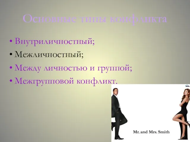 Внутриличностный; Межличностный; Между личностью и группой; Межгрупповой конфликт. Основные типы конфликта