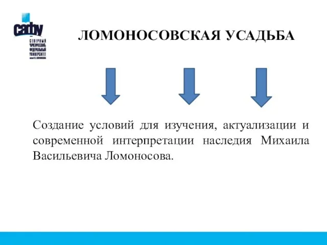 ЛОМОНОСОВСКАЯ УСАДЬБА Создание условий для изучения, актуализации и современной интерпретации наследия Михаила Васильевича Ломоносова.