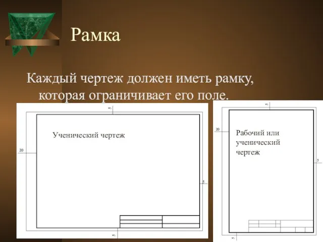 Рамка Каждый чертеж должен иметь рамку, которая ограничивает его поле. Рабочий или ученический чертеж Ученический чертеж