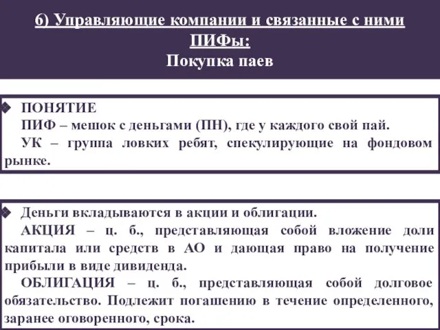 6) Управляющие компании и связанные с ними ПИФы: Покупка паев ПОНЯТИЕ