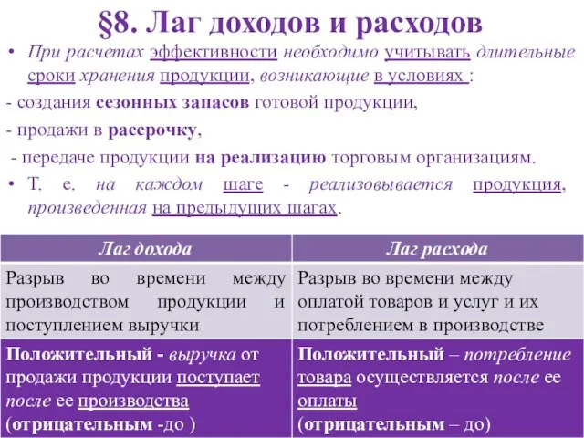 §8. Лаг доходов и расходов При расчетах эффективности необходимо учитывать длительные