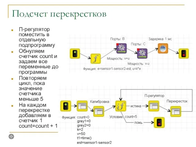 Подсчет перекрестков П-регулятор поместить в отдельную подпрограмму Обнуляем счетчик count и