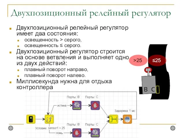 Двухпозиционный релейный регулятор Двухпозиционный релейный регулятор имеет два состояния: освещенность >