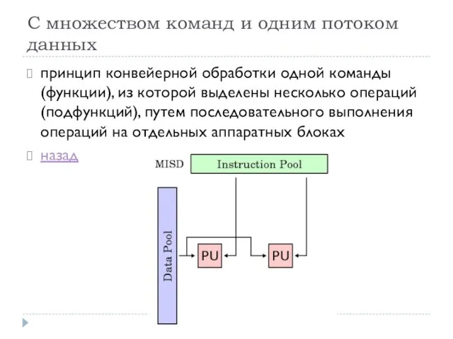 С множеством команд и одним потоком данных принцип конвейерной обработки одной