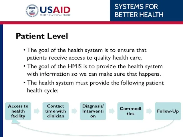 Patient Level The goal of the health system is to ensure
