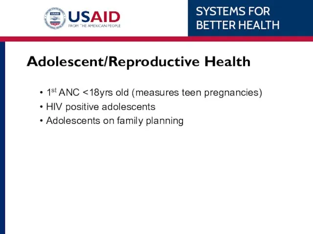 Adolescent/Reproductive Health 1st ANC HIV positive adolescents Adolescents on family planning